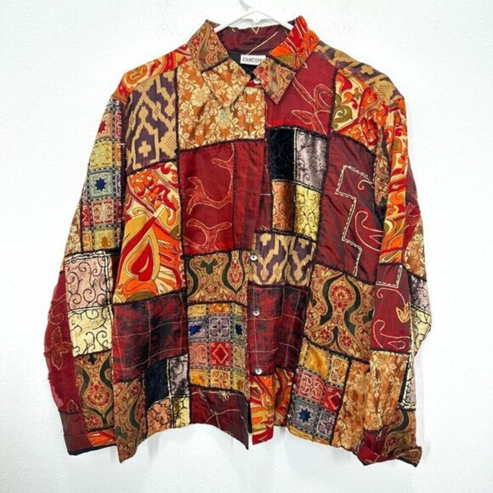 Chico's Vintage Patchwork Orange Red‎ Cottagecore Ecclectic Art to Wear Size Med